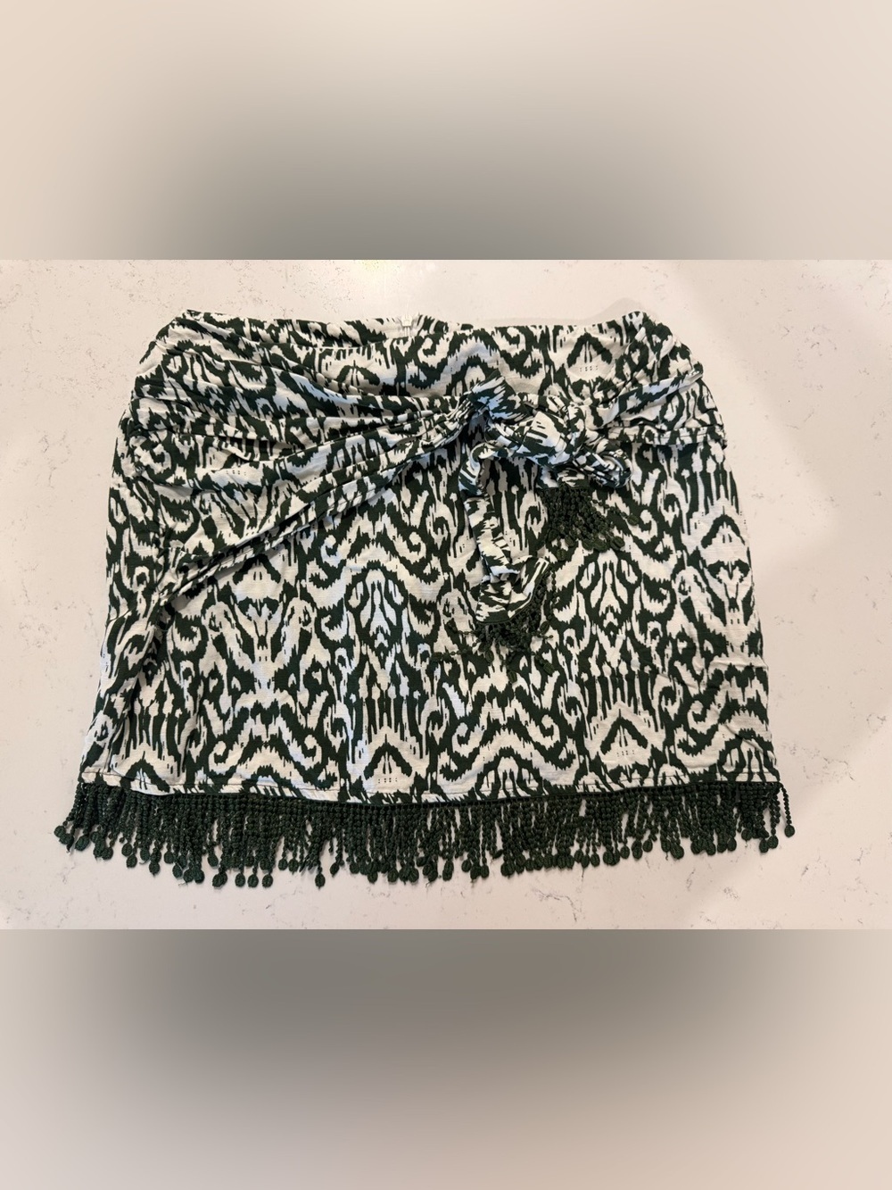 Zara Printed Mini Skirt Fringe Hem Tie Waist Boho Green S - Picture 2 of 8